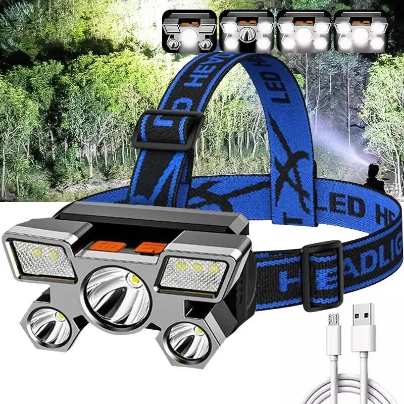 Rechargeable LED Headlamp Powerful for Fishing Hunting Camping Hiking - Adjustable Bright Front Torch Lanterns